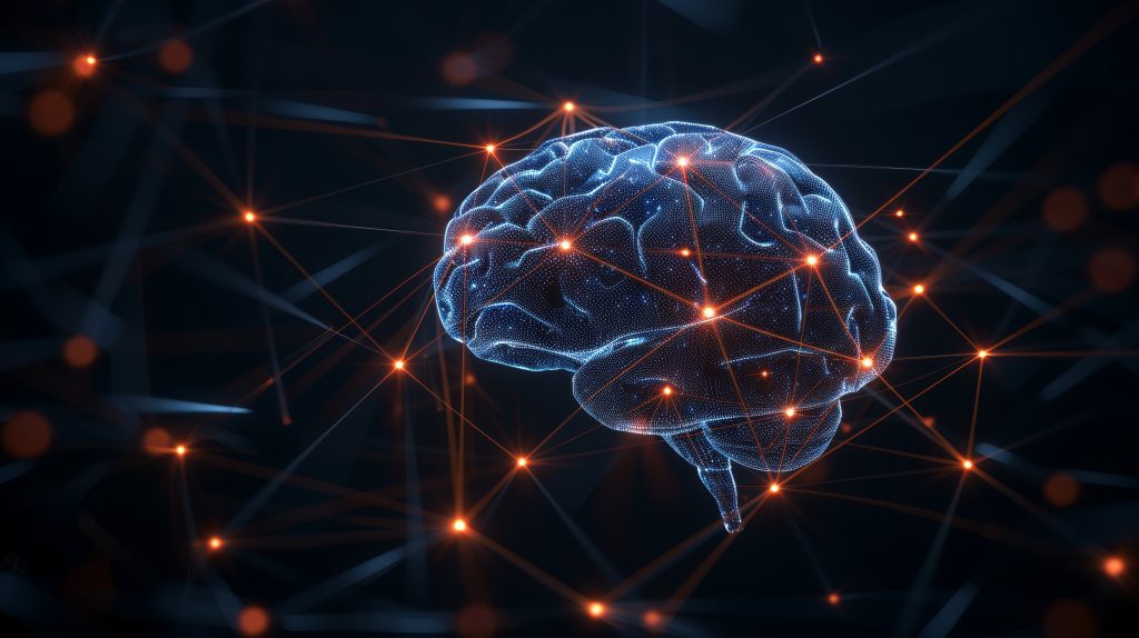 Glowing blue neural brain model connected by orange network nodes and lines, symbolizing AI and neural connectivity in a dark background.