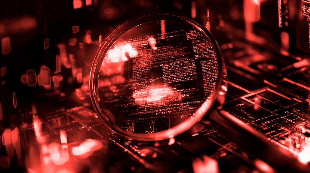 Magnifying glass over glowing code on a circuit board, symbolizing data analysis or cybersecurity.