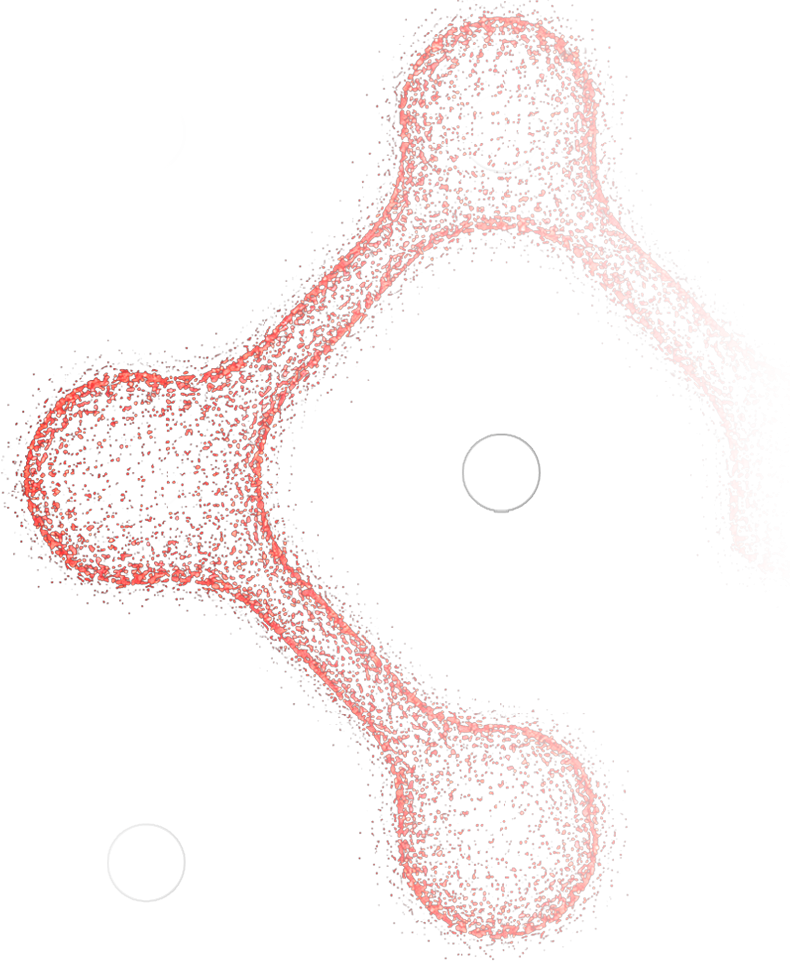 Three-armed red filament network meeting at a central hub, with black speckles on a white background (looks like a branching diagram).