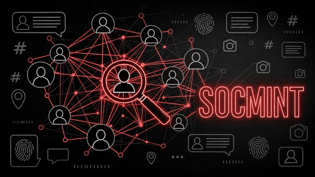 Neon network of connected user icons with a magnifying glass over a central profile and the word SOCMINT in red neon.