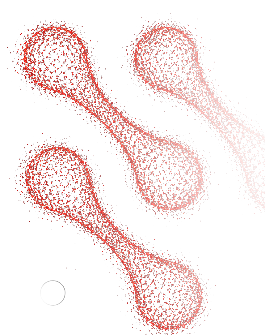 Red dotted point cloud forming three elongated teardrop shapes with rounded ends along a curved diagonal; a light gray circle appears bottom-left.