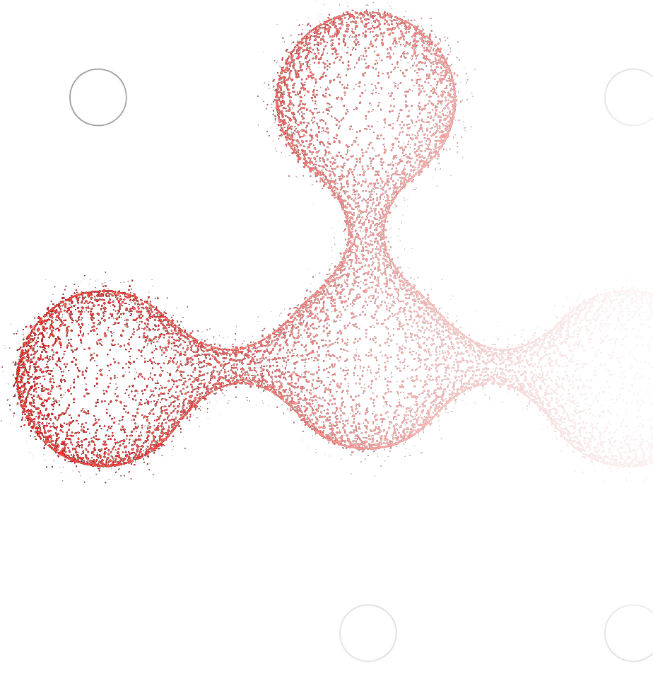 Abstract red particle diagram forming a connected three-sphere chain with a central neck on a white background.