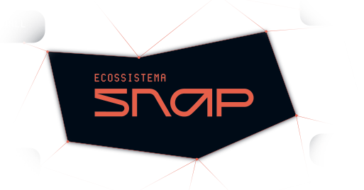 Logo reading 'ECOSSISTEMA SNAP' on a dark polygon, connected by red network lines to small rounded nodes labeled WALL, CLOUD, ENGINE.