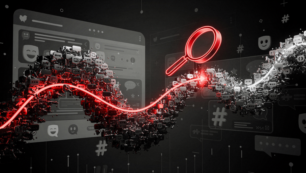 Neon red magnifying glass chasing a wave of chat bubbles across a dark social media backdrop.