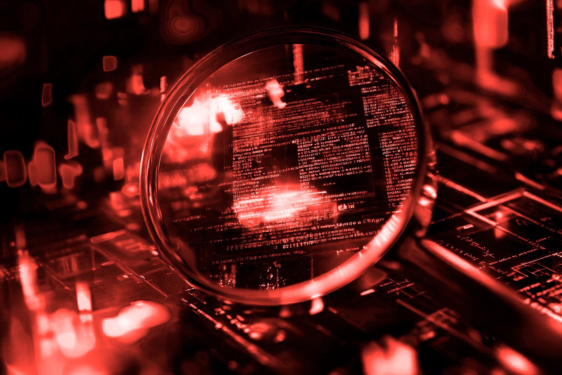 Magnifying glass over glowing code on a circuit board, symbolizing data analysis or cybersecurity.