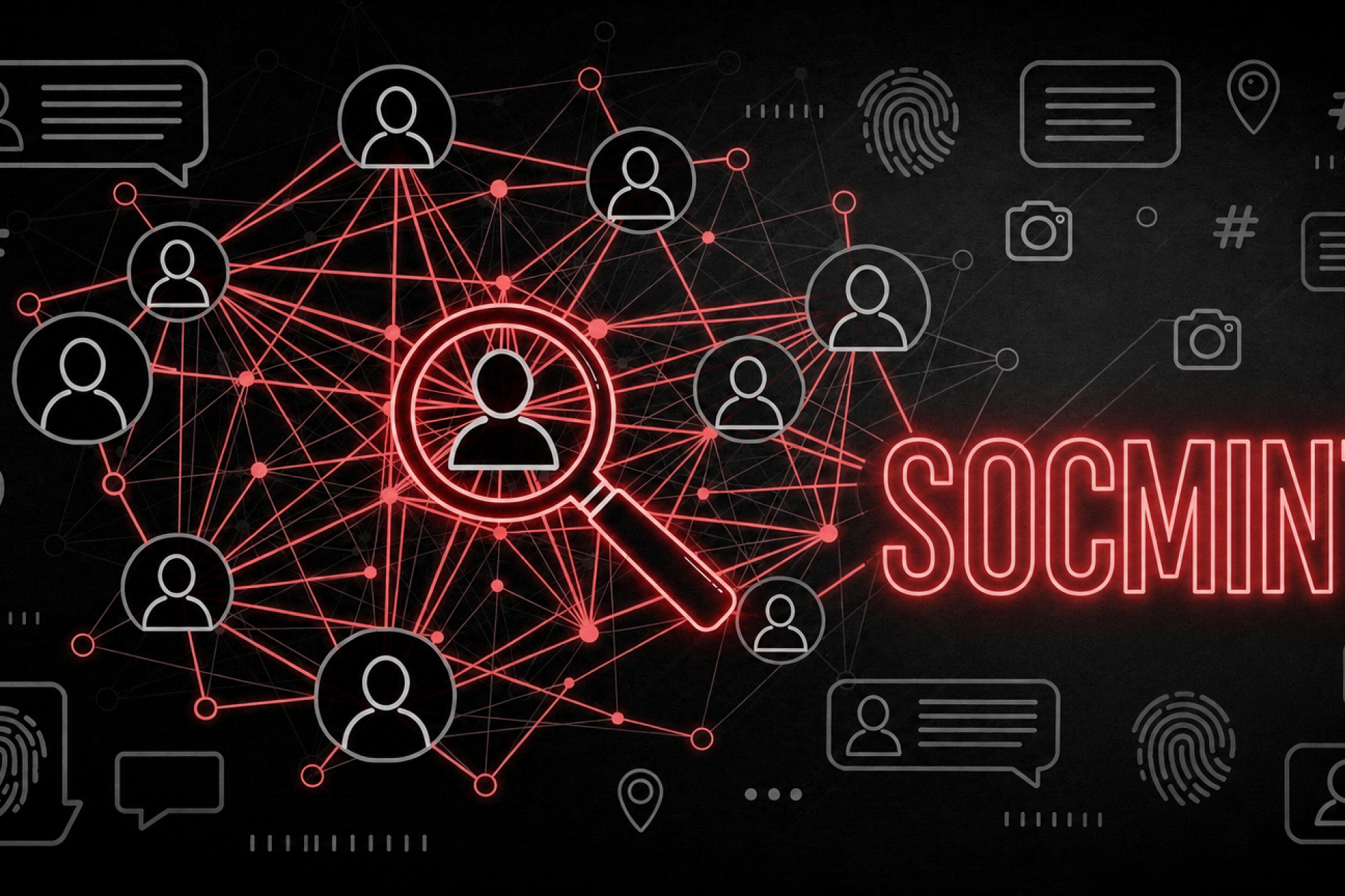Neon network of connected user icons with a magnifying glass over a central profile and the word SOCMINT in red neon.