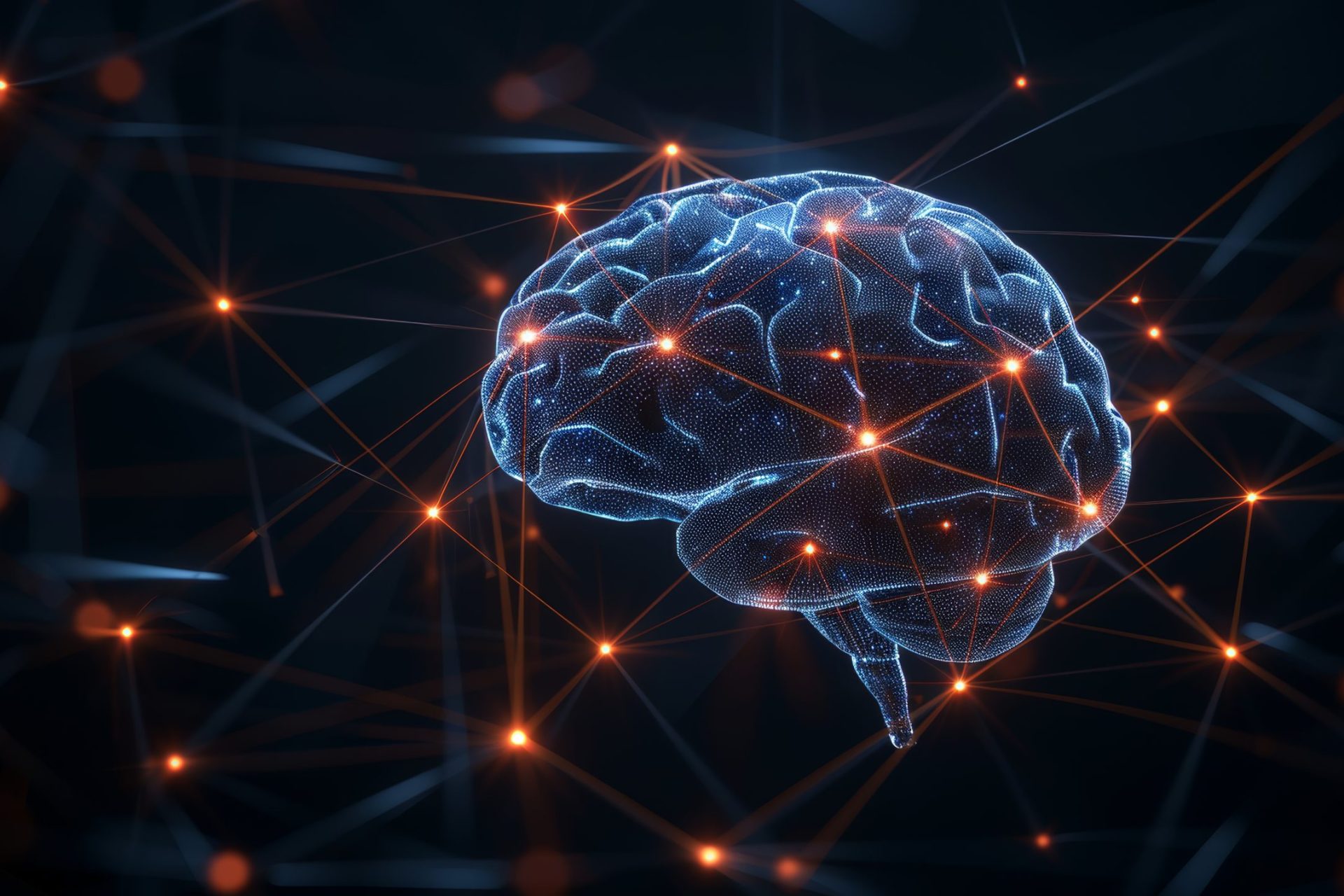 Glowing blue neural brain model connected by orange network nodes and lines, symbolizing AI and neural connectivity in a dark background.